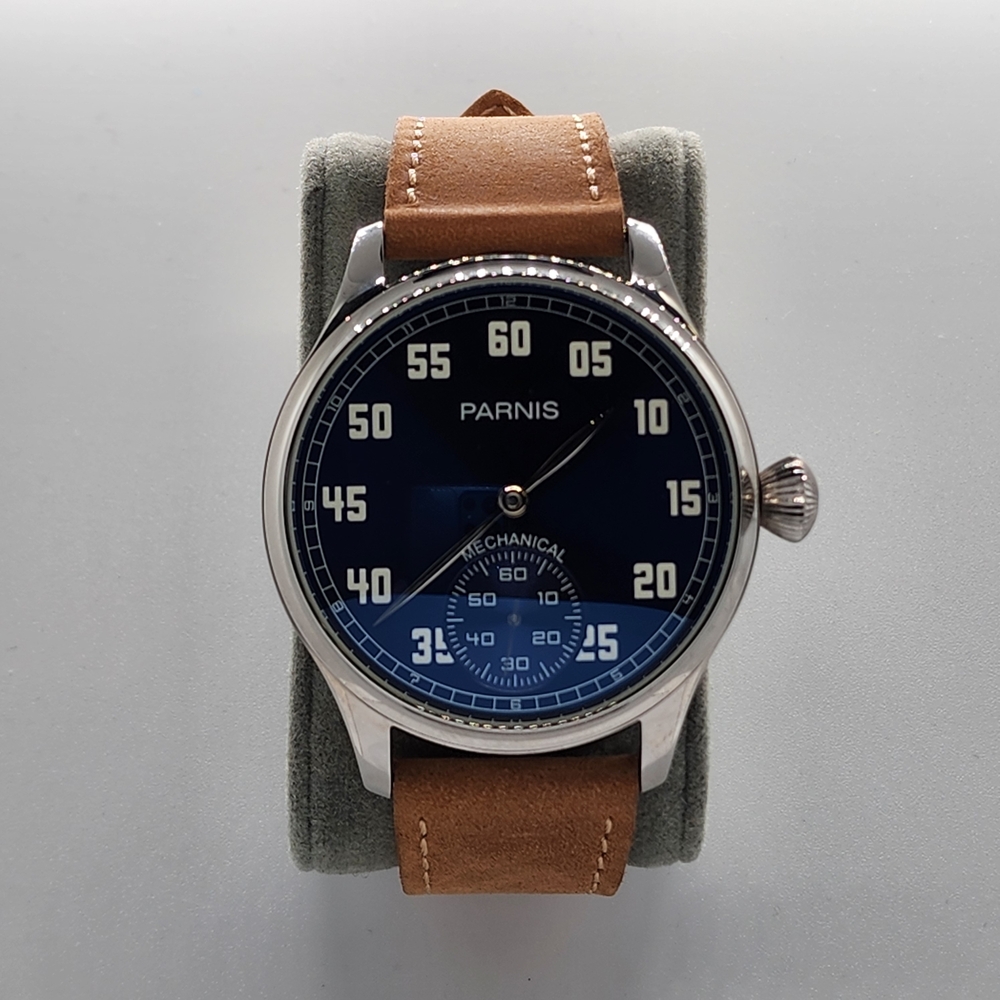 Parnis 44mm Hand Winding Movement Small Second Men's Pilot Watch Leather Strap